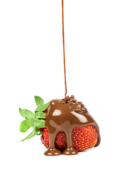 Шоколад наливают на клубнику
 - Фото, изображение