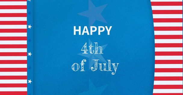 Composition of text happy 4th july on blue with white stars and red and white stripes. patriotism, independence and celebration concept digitally generated image. - Foto, Bild