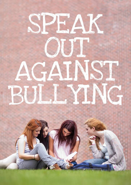 Composition of anti bullying text with female students in background. childhood, bullying and social issues concept digitally generated image. - Фото, зображення