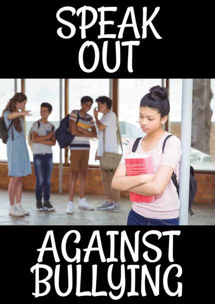 Composition of anti bullying text with sad schoolgirl in school in background. childhood, bullying and social issues concept digitally generated image. - Photo, image