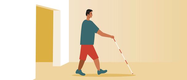 Mobility of a blind disabled person, entrance to the room. Flat vector stock illustration. Indoor for an inclusive person. Doorway for mobility visually impaired with a cane. Vector graphics - Vector, Image