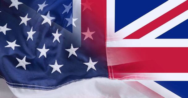 Composition of merging uk union jack and american stars and stripes flags. patriotism, independence and celebration concept digitally generated image. - Foto, immagini