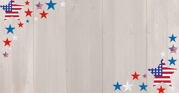 Digitally generated image of multiple stars on wooden background with copy space. american independence template background design concept - Fotografie, Obrázek