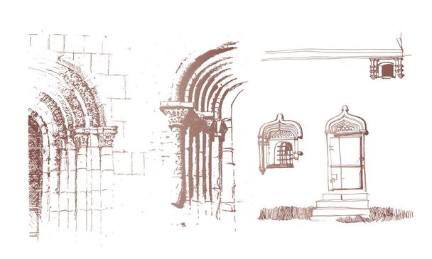 Διακόσμηση Στοιχεία του πλαισίου της παλαιάς πόρτας και του παραθύρου επιστύλιο στο παλιό ρωσικό και βυζαντινό αρχιτεκτονικό ύφος. Καστανά χρωματιστά ιχνοστοιχεία μελάνι και σχέδιο σκίτσο στυλό - Διάνυσμα, εικόνα
