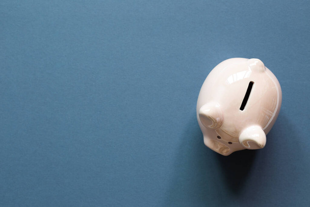 Pink piggy bank isolated on navy blue background. top view, copy space - 写真・画像