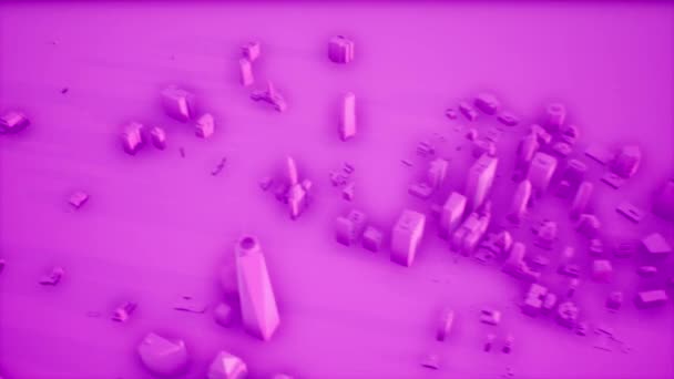 Laaja laukaus violetti 3D mallinnettu kaupunki nousee violetti kone - Materiaali, video