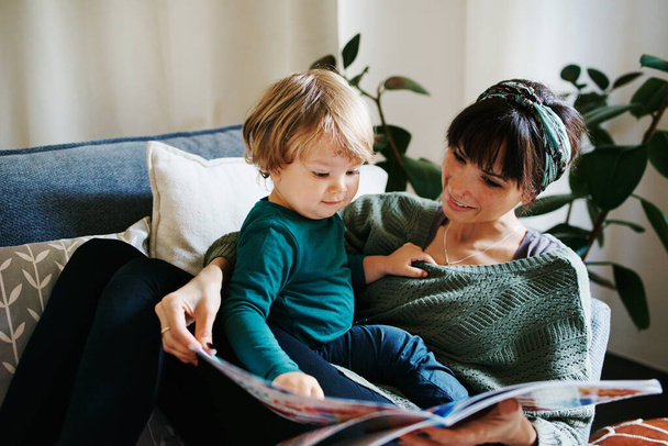 Recorte de una joven leyendo a su hijo en casa - Foto, imagen