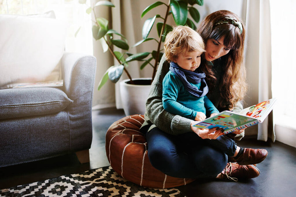 Recorte de una joven leyendo a su hijo en casa - Foto, imagen