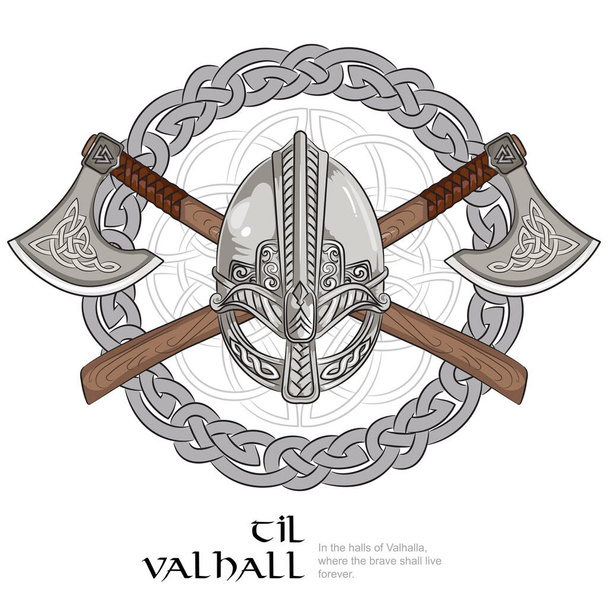 Casco vikingo, hachas vikingas cruzadas y en una corona de patrón escandinavo - Vector, Imagen