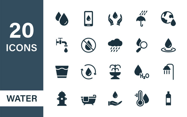 Set de iconos de silueta de agua. Gota de agua y naturaleza reciclar pictograma. Agua limpia mineral, ducha, grifo e iconos de lluvia. Compruebe, proteja, ahorre y se preocupe por el líquido. Ilustración vectorial - Vector, imagen