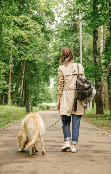 The hostess girl walks in the park with her golden retriever dog - Фото, зображення