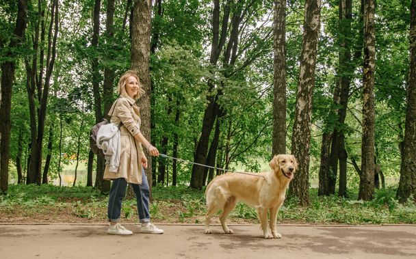 The hostess girl walks in the park with her golden retriever dog - Foto, Imagem
