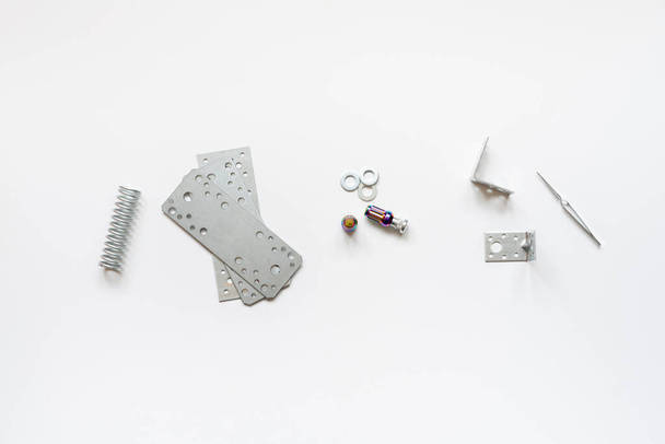 un metallo ingegneria pezzi di ricambio dettagli piatto lay, utensili e attrezzature progetto - Foto, immagini