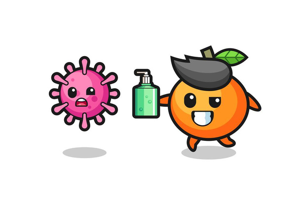 Mandarin turuncu karakteri el dezenfektanı ile kötü virüsü kovalıyor, tişört, çıkartma, logo elementi için şirin bir tasarım. - Vektör, Görsel