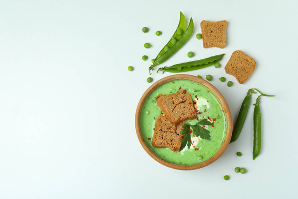 Concept of tasty eating with pea soup on white background - Zdjęcie, obraz