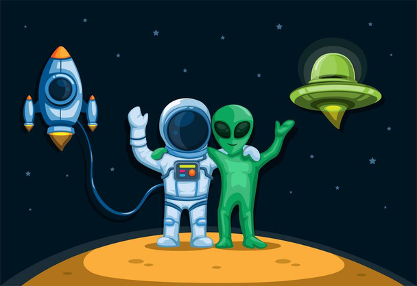 Astronauta com amizade alienígena em pé no planeta com conceito de nave espacial e ufo em desenho animado ilustração vetor - Vetor, Imagem