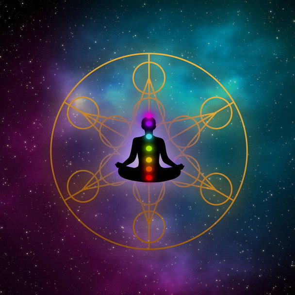 Człowiek medytacja sylwetka i Hexagram święty znak na pięknym tle galaktyki. - Zdjęcie, obraz