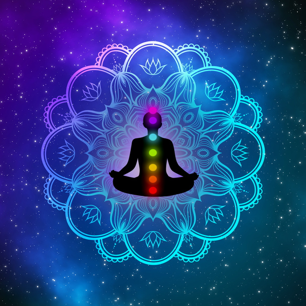 Homem de meditação com seu poder de sete chakras e mandala única sobre o campo de estrelas na galáxia. - Foto, Imagem