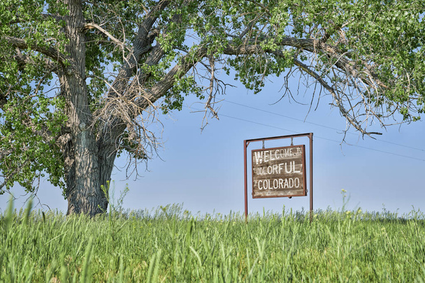 welcome to colorful Colorado roadside wooden sign at a rural road in spring or summer scenery - Photo, Image