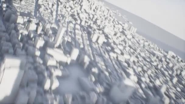 Przesuń do tyłu przez antenę białego 3D modelowane miasto z wyświetlaczem heatseeking HUD - Materiał filmowy, wideo