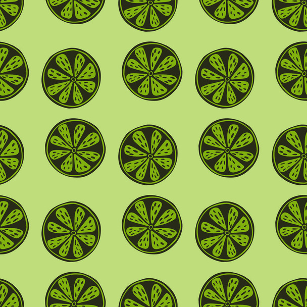 Organic seamless pattern with green decorative lime slice shapes. Green colors artwork. Nature food backdrop. Stock illustration. Vector design for textile, fabric, giftwrap, wallpapers. - Вектор,изображение
