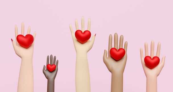 manos de dibujos animados sosteniendo el corazón rojo con espacio de copia aislado sobre fondo rosa, dar y compartir concepto de amor, 3d render - Foto, imagen