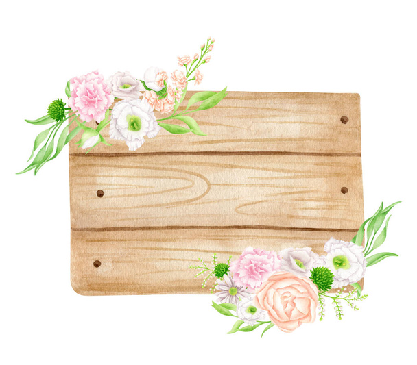 Watercolor wood sign with delicate flowers and leaves. Hand drawn textured wooden board and floral arrangement isolated on white background. Signboard template for cards. Rustic wedding design - Foto, afbeelding
