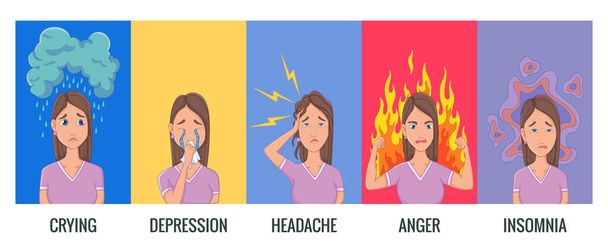 Vrouwen stresstekens. Emotionele of geestelijke gezondheidsproblemen, stress - hysterische slapeloosheid hoofdpijn depressie, woede - Vector, afbeelding