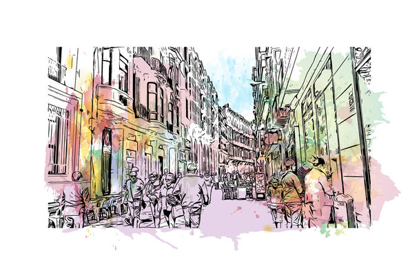 Print Building vista com marco de Cartagena é a cidade em Espanha. Esguicho aquarela com desenho à mão ilustração em vetor. - Vetor, Imagem
