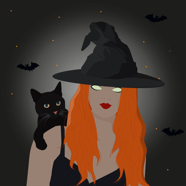 Wiedźma Halloween z czarnym kotem. Straszna młoda kobieta w kapeluszu czarownic, mająca na sobie mroczne tło. Halloween party projekt sztuki. - Wektor, obraz