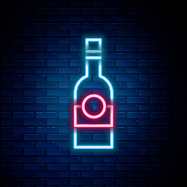 Glowing neon line Glass bottle of vodka icon isolated on brick wall background. Colorful outline concept. Vector - Vector, Image