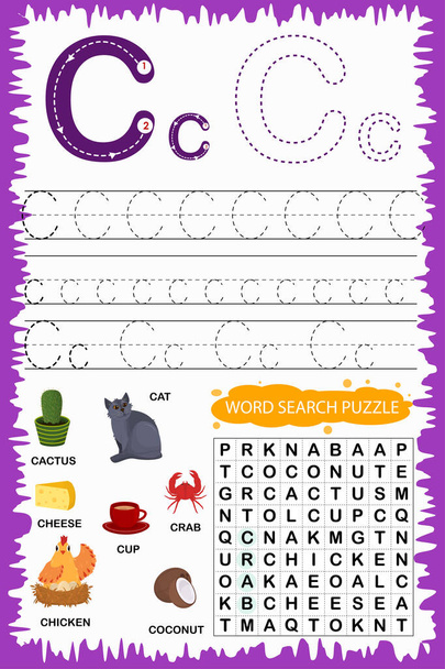  hoja de trabajo educativa para niños que aprenden el alfabeto inglés. Escritura a mano y crucigrama juego de puzzle para memorizar palabras. Letra C - Vector, Imagen