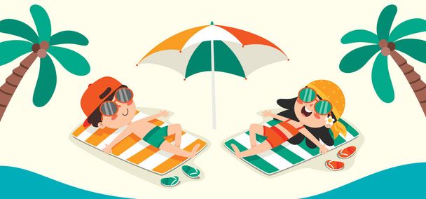 Banner de verano plano con carácter de dibujos animados - Vector, Imagen