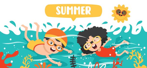 Flat Summer Banner With Cartoon Character - Vector, afbeelding