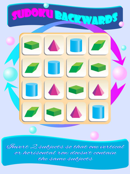 Sudoku BACKWARDS voor kinderen met kleurrijke geometrische figuren. Spel voor kleuters, trainingslogica - Vector, afbeelding