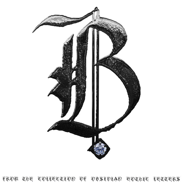 Carta obsidiana preta B em estilo gótico decorada com diamante azul isolado sobre fundo branco. Renderização 3D, caminho de recorte. De obsidiana gótico latino coleção alfabeto antigo para texto, design - Foto, Imagem