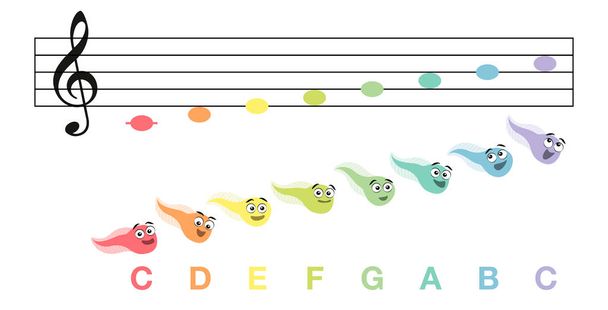 Музичні ноти C мажорний масштаб з барвистим співом смішні пуголовки, ключ від C. Векторна комічна ілюстрація на білому
.  - Вектор, зображення