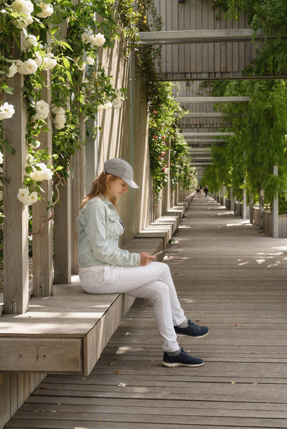 Woman in casual jeans clothes sitting on the wooden bench using phone in green park alley, walls with white roses - Foto, immagini