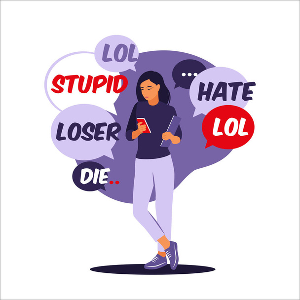 Cyber bullying concept. Woman receives abusive messages. Vector illustration. Flat. - Vettoriali, immagini