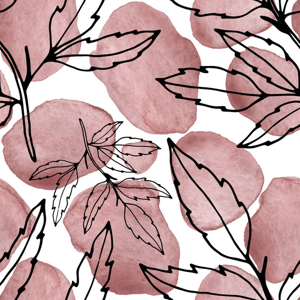 Creative seamless pattern with line art flowers and leaves on watercolor stains. Trendy abstract modern vintage print. - Fotó, kép