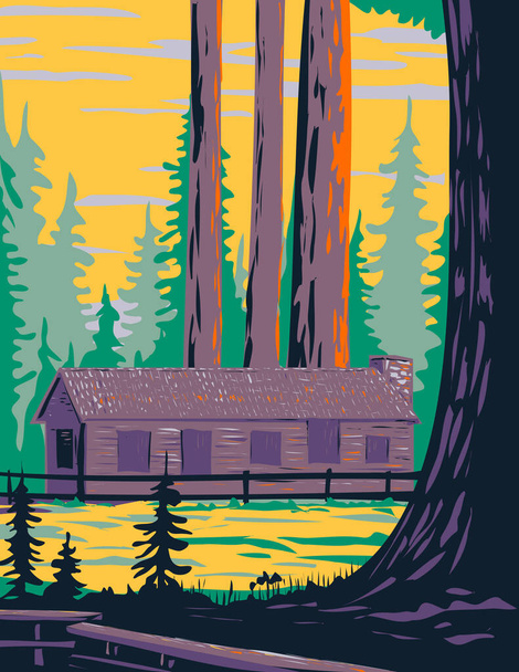 Arte del cartel del WPA de Mariposa Grove Cabin con General Grant y el árbol General Sheridan ubicado en el Parque Nacional Yosemite, California, Estados Unidos de América hecho en estilo de administración de proyectos de obras. - Vector, Imagen