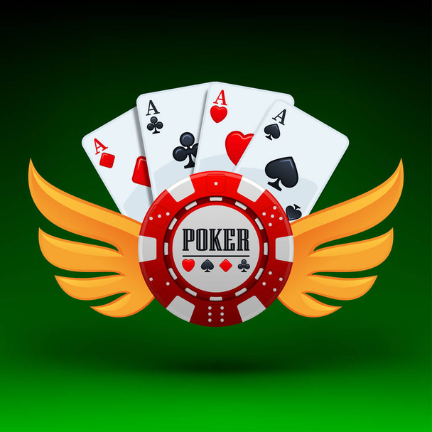 Τουρνουά πόκερ. Εικονογράφηση διανύσματος. Τέσσερα τραπουλόχαρτα και ένα τσιπάκι σε πράσινο φόντο με χρυσά φτερά. Καζίνο έννοια πανό. Online καζίνο, έννοια παιχνιδιού, εικονίδιο εφαρμογής για κινητά πόκερ. - Διάνυσμα, εικόνα