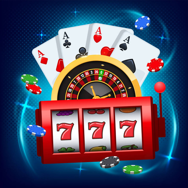 Winning slot machine, playing cards and roulette wheel fly casino. Online casino vector illustration. Concept on blue background. Casino vector illustration. Online casino, gambling concept, poker mobile app icon. - Vetor, Imagem