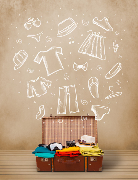 Traveler luggage with hand drawn clothes and icons - Foto, Bild