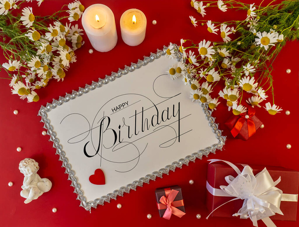 postcard , Internet banner , flat lay with a birthday greeting, with the inscription - happy birthday - Фото, изображение