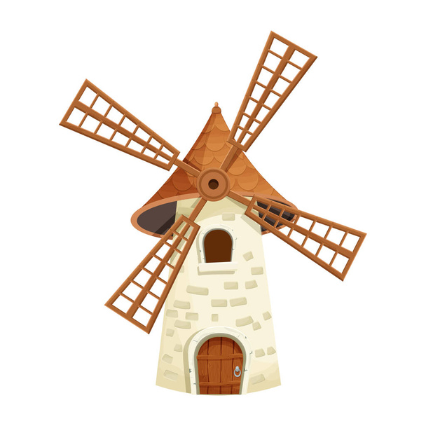 Windmolen fee, cartoon geïsoleerd op witte achtergrond. Retro, landelijk gebouw, toren met houten propeller. Clipart, design element, ui gui aanwinst. Vectorillustratie - Vector, afbeelding