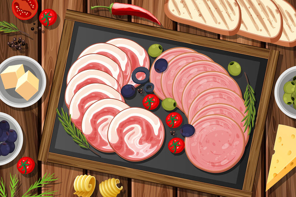 Bandeja de embutidos y carnes ahumadas en el fondo de la mesa ilustración - Vector, Imagen