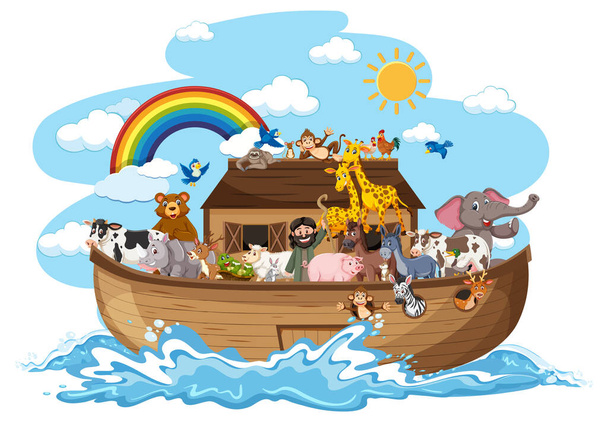 Arka Noego ze zwierzętami na fali wody izolowane na białym tle ilustracji - Wektor, obraz