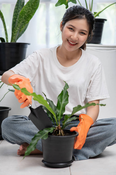 Жінка носила помаранчеві рукавички і посадила дерева в будинку
. - Фото, зображення