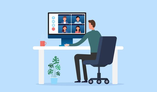 Ilustración vectorial personas videoconferencia en línea para reuniones con tecnología remota de trabajo y personas trabajan desde el concepto de casa. - Vector, Imagen